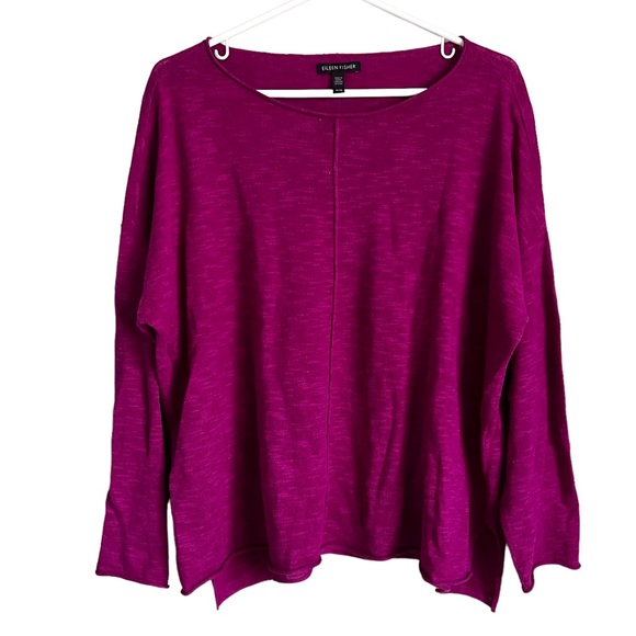 Eileen Fisher Sweaters - Eileen Fisher Medium Raspberry Pink Wide Neck Linen Cotton Light Knit Sweater